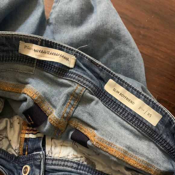 Pilcro & the Letterpress Anthropologie blue patchwork slim boyfriend jeans 25 - Picture 7 of 15